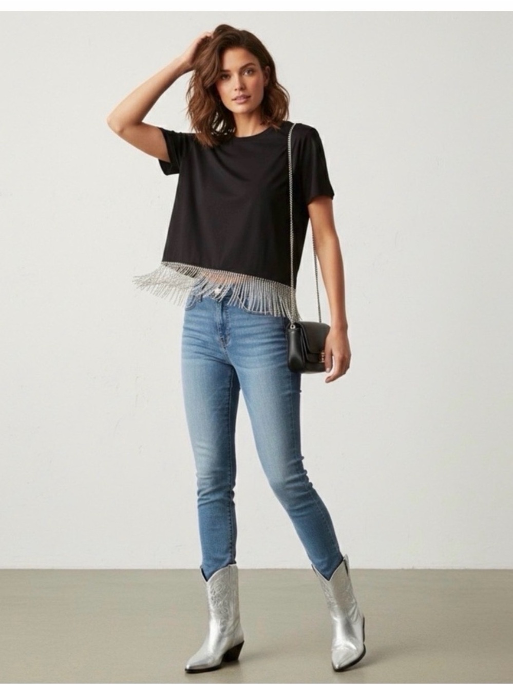 Joie Black Short-Sleeve Fringe Hem Tee